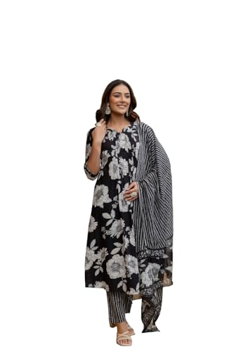 Image of NIVANA Floral Printed Kurta with Pant & Stripe Printed Dupatta | 3 /4 Sleeves | Round Notch Neck Button Detail