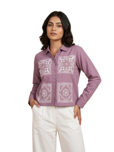 Image of Stylish Women's Embroidered Shirts | Geometric Pattern Half Sleeve Collared Button-Up Casual Shirt for Women