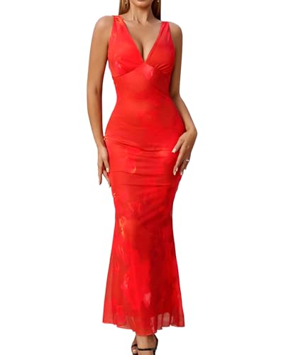 Image of GLNEGE Women's Summer Floral Bodycon Maxi Dress Sexy Backless V Neck Wedding Guest Dresses 2025