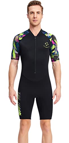 SEAUR ウエットスーツ メンズ サーフィン スプリング ネオプレン素材 フロントジッパー ダイビング フィッシング ストレッチ性 防寒 防風 大きいサイズ 1.5mm UVカット ウォータースーツ ワンピース 日焼け止め 男性用 半袖 フルスーツ マリ