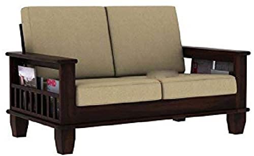 Image of Solid Sheesham Wood Sofa Set 2 Seater | Wooden 2-Person Sofa Couch for Home Office | Sofa Sets for Living Room | Two Seater Sofa with Side Magzine & Newspaper Holder | Walnut Finish