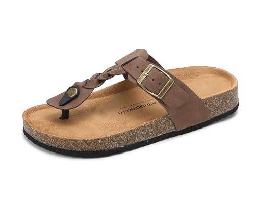 ARRIGO BELLO Thong Sandals for Women Flip Flops Cork Insoles Adjustable Buckle Straps Summer Slides Arch Support Non-Slip Insoles Sizes US 6-11(B Brown,8)