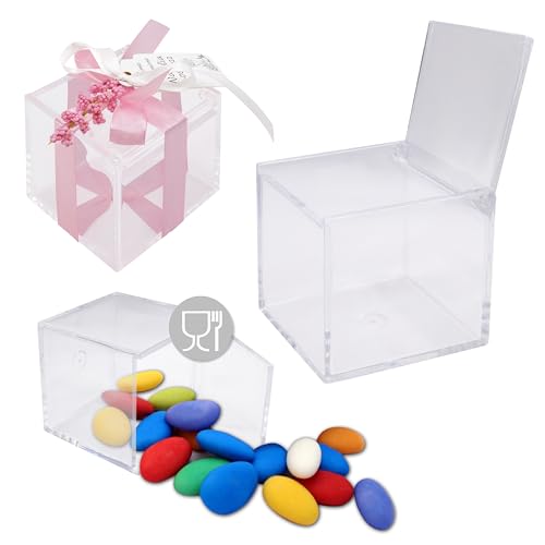 Decoraparty 12 Scatoline Trasparenti con Coperchio Porta Confetti 6 x 6 x 6 cm - Cubo in Plastica Plexiglass Scatole per Bomboniera, Comunione, Cresima, Matrimonio, Battesimo (Set da 12)
