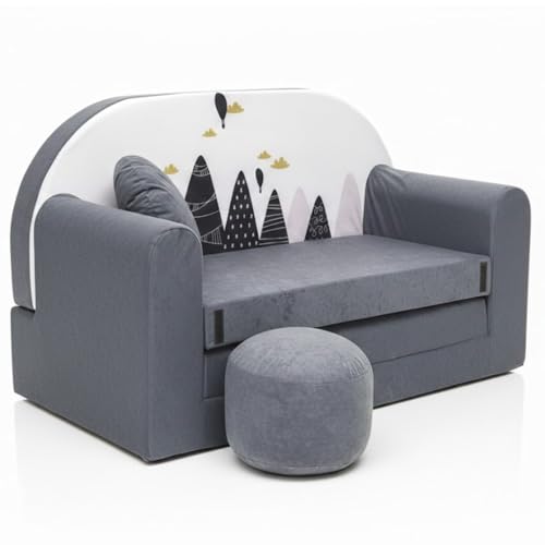All4All Kindersofa Schlafsofa 3in1 Velo Spielsofa für Kinder Sofa zum Aufklappen Funzy Kindercouch mit Schlaffunktion Verschiedene Muster Grau Rosa Grün Tiermuster Bequem (AX2 Grau + Balons)