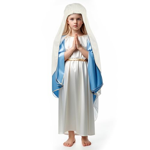 VZQI Virgin Mary Costume for Girls Biblical Robe for Kids Halloween Bible Set Blue