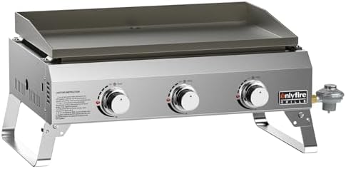 ONLYFIRE GRILLS Gas Grill Griddle, 3 Burner Propane Gas Griddle with Foldable Legs, 24” Portable Tabletop Flat Top Grill for Outdoor Cooking, BBQ Grill No Lid Camping RV, Stainless Steel GS311