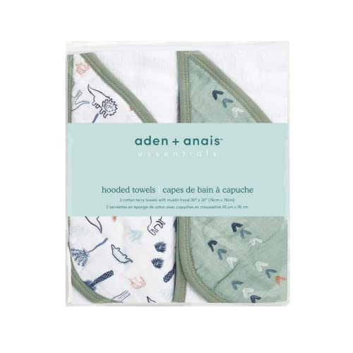 Image of aden + anais Aden Classic Hooded Baby Bath Towel, Super Soft 100% Cotton, 2 Pack, Dinotime