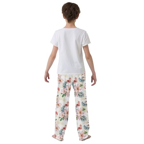 Flamingo Hibiscus Flowers Boys Long Pants Soft Trousers Elastic Waist Kids Lounge Bottoms with Pockets S-XL3