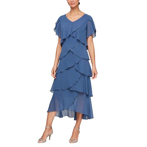 Image of S.L. Fashions Women's Short Tulip Sleeve Tiered Chiffon Cocktail Dress, Wedding Guest Gown (Petite and Regular Sizes)