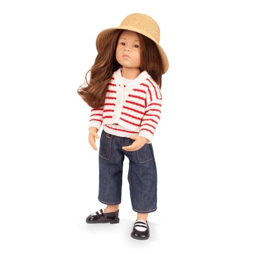 Gotz: Happy Kidz: Emilia - 19.5 Standing Poseable Doll Red-White Striped Sweater & Cardigan Jeans Straw Hat Brown Hair Collectible Toy Kids 3+