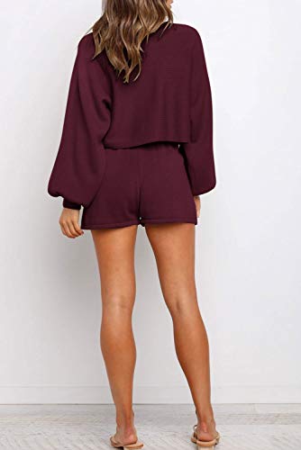 ZESICA Women's Casual Long Sleeve Solid Color Knit Pullover Sweatsuit 2 Piece Short Sweater Outfits Sets Wine