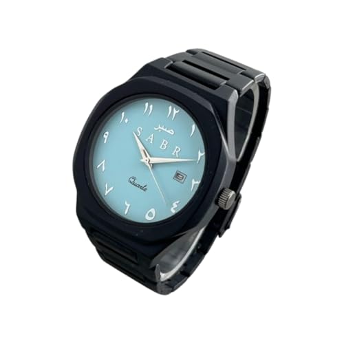 Image of Arabic Numeral SABR Watch, Blue Dial with Date Display,White Number, Quartz Movement, Metal Strap