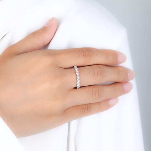 Natural Opal Wedding Bands for Women, 925 Sterling Silver Ring Moissanite Engagement Rings for Women Stackable Halo Promise Rings for Her Travel Wedding Ring Size 3-104