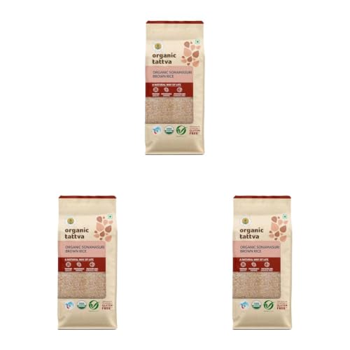 Image of Organic Tattva, Organic Gluten Free Sonamasuri Brown Unpolished Rice - 1Kg | All Natural, Quality Health Food, Enriched with Dietary Fibers & Nutrients (Pack of 3)
