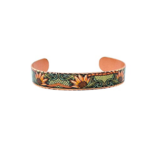 FRONT LINE JEWELRY Sunflower Bracelet – Handmade Copper Autumn Bracelet with Vintage Leaf Swirl – Fall Jewelry & Thanksgiving Hostess Gift – Nature-Inspired Cuff for Women