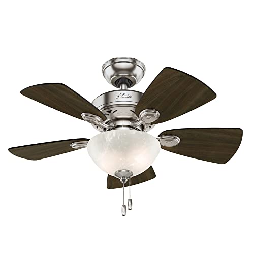 Hunter 34 inch Small Indoor Ceiling Fan with LED Light and Pull Chain - Standard Mount Ceiling Fan, 5 Blades, For Bedroom, Home Office, or Laundry Room, Quiet - Watson 52092, Brushed Nickel