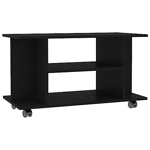 vidaXL Mueble de TV con Ruedas, Armario con Estantes, Aparador de Televisión, Mueble Auxiliar para Salón, Madera de Ingeniería Negro