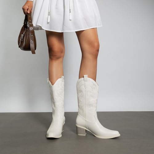 Image of DREAM PAIRS Cowboy Boots for Women Cowgirl Western Boots Fashion Embroidery Stitched Chunky Heel Mid Calf Boots