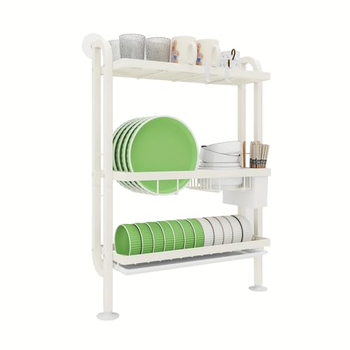 Image of Dish Rack for Worktop, 3-Tier Dish Drainer with Wall Support, No Drilling, Drip Tray & Suction Cups, Cream White.