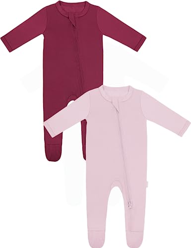 Image of RRP Unisex Baby Footies Pajamas,Rayon Made From Bamboo,Buttery Soft Sleep 'N Play PJs,2-Way Zipper Closure,0-18 Months (Claret/Blush, 0-3 Months)