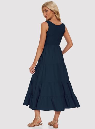 Image of Women's Summer Smocked Maxi Dresses Sleeveless U Neck Ruffle Hem Tiered A Line Flowy Dress