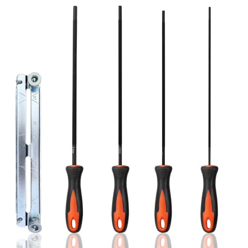Mumjooyi 4 Pcs Lima per Motosega con Guida Affilatura Affila Catena Motosega con Impugnatura 4 Misure da 3,2 mm, 4,0 mm, 4,8 mm, 5,5 mm per la molatura di motoseghe