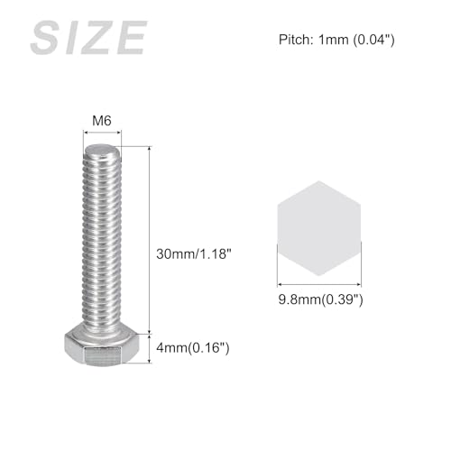 Image of METALLIXITY Hex Bolts (M6-1x30mm) 20Pcs, 304 Stainless Steel Coarse Fully Threaded Hex Head Screw Bolt Machine Screws - for Furniture Repair, Silver
