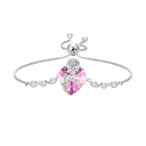 OCJ Birthstone Bracelet for Women 925 Sterling Silver Rose Flower Heart Tennis Bracelet Jewelry Anniversary Graduation Birthday Gifts for Women Wife Her Girlfriend