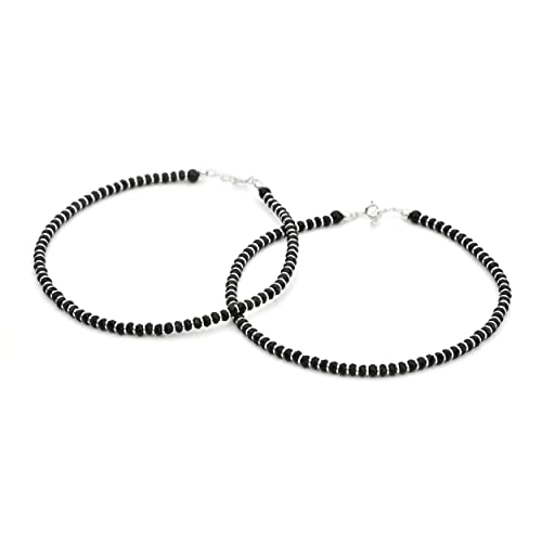 DHRUVS COLLECTION Silver Beads Crystal Sterling Silver Nazariya Anklet Payal for Women (Black)