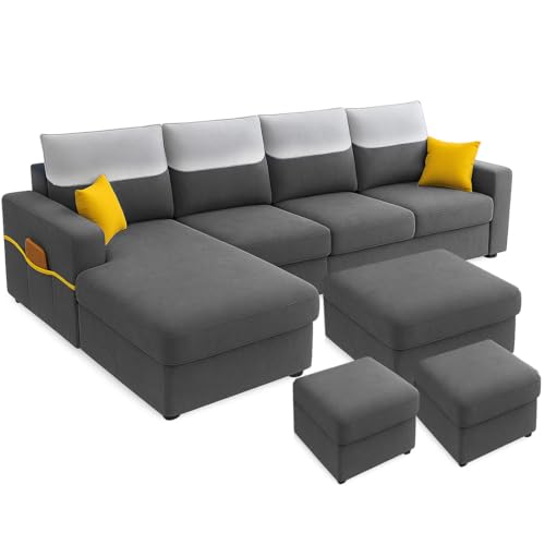 Image of Furny Tokiaa 8 Seater Fabric LHS L Shape Sofa Set with 1 Centre Table & 2 Puffy (Dark Grey) | Soft Velvet Fabric | Modern Design | Comfortable Seating | Living Room Furniture