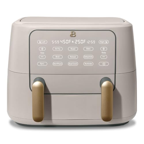 Beautiful 9QT TriZone Air Fryer, Dual Baskets or Single XL Basket, Sync Finish, Touch Display, 1700W, Roast, Bake, Broil, Dehydrate, Reheat, Dishwasher Safe, Drew Barrymore Design (Porcini Taupe)