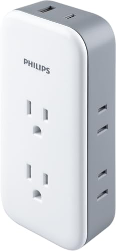 Philips All-in-One Surge Tap with USB, 2 Grounded & 4 Polarized Outlets, 1 USB-C & 1 USB-A Port (15W Shared), 490 Joules, ETL Certified, White/Gray, SPP3503GW/37