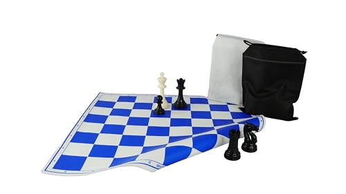 Image of 18'' X 18'' Professional Tournament Chess Set with Blue Vinyl Foldable Chess Board Game with Solid Plastic Pieces with Extra Queens and Black Bag