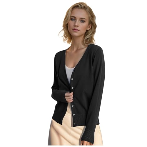 Cardigan leggero da donna estivo elegante con scollo a V, giacca di transizione con bottoni, classico slim fit, giacca tradizionale, maglione, cardigan, pullover lavorato a maglia, pullover, Nero , L
