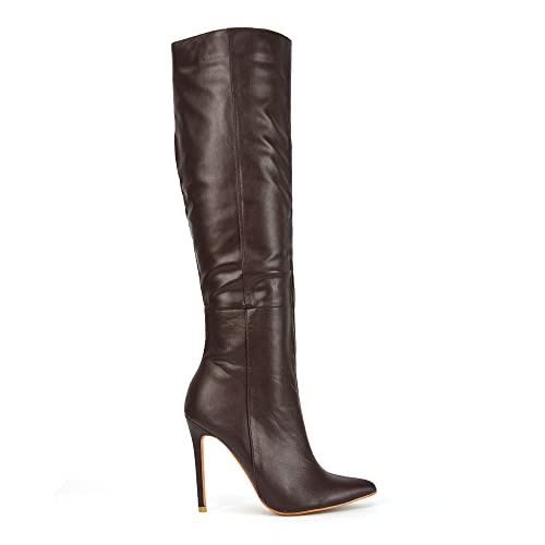 ESSEX GLAM Womens Knee High Boots Mid High Heel Ladies Pointed Toe Shoes Size 3-8 (Brown Synthetic Leather numeric_5)