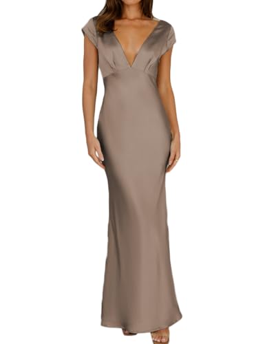Image of Halfisland Womens Summer Satin V Neck Cap Sleeve Midi Dress Wedding Guest | 2026 Summer,Backless,Hollow Out,Long,Formal,Cocktail,Twist,Bridesmaid,Party,Baby Shower,Short Sleeve,Beach,Elegant,Evening