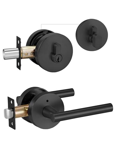 Image of Lethato Black Door Handle and Deadbolt Set, Heavy Duty Front Door Lock Set, Exterior Door Lever Single Keyed Round Deadbolt Lock (1 Pack)