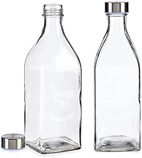 Set of 2 Glass 1L Water Bottles Square for Beverage Milk Juice Infused Oils Steel Cap