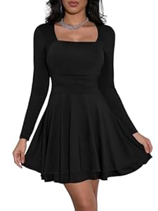 Cicy Bell Damen Kleider Langarm Quadratischer Ausschnitt Partykleid Rüschensaum Korsett Minikleid Geraffte Taille Kleid Kurz Elegant Bodycon Schwarz S