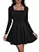 Cicy Bell Damen Kleider Langarm Quadratischer Ausschnitt Partykleid Rüschensaum Korsett Minikleid Geraffte Taille Kleid Kurz Elegant Bodycon Schwarz S