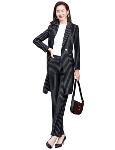 Women's Two Pieces Office Lady Stripe Business Suit Set Slim Fit Double Breasted Long Jacket Pants