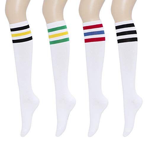 YEJIMONG Knee High Socks for Women – 4 Pairs Solid & Striped Color Cotton Long Socks, Size 6-10