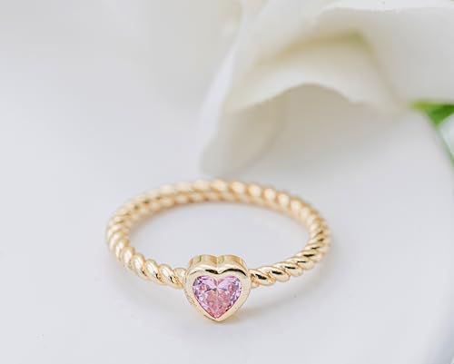 Precious Pieces 14 Gold-Plated Twisted Rope Band Baby Ring with Heart CZ Stones for Babies, Infants, Toddlers, Little Girls, Stackable or Pinky Jewelry for Teens and Women4