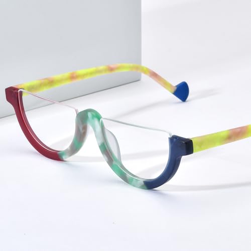 Image of HEPIDEM Matte Multicolor Acetate Glasses Frame Women,Semi Rimless Round Optical Eyeglasses