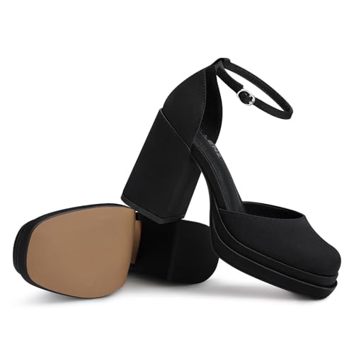 Women Chunky High Heels: Comfortable Ankle Strap Platform Pumps, Dress Wedding Shoes Party Bridal Graduation Pumps Black White Hot Pink Size 6-112