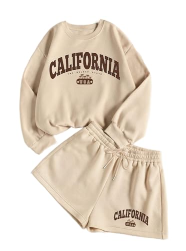 Hilinker Womens Graphic 2 Piece Outfit Long Sleeve Sweatshirt and Shorts Set Casual Sweatsuits