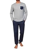 Crewhpo Pijama Hombre Invierno Algodón Conjunto de Pijamas Manga Larga Cuello Redonde Camiseta Ropa de Dormir y Pantalones Largos con Bolsillos