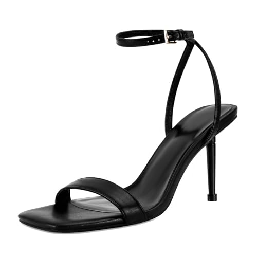 Dsevht Black Heels for Women Sexy Stiletto Strappy High Heel Sandals Square Open Toe Metallic Heeled Party Wedding Dress Shoes