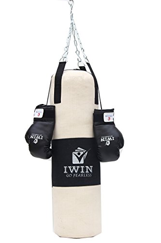 IWIN Unfilled 36 Inches Punching Bag Combo with Boxing Gloves 12 Oz AAD Chain, Black, 36'