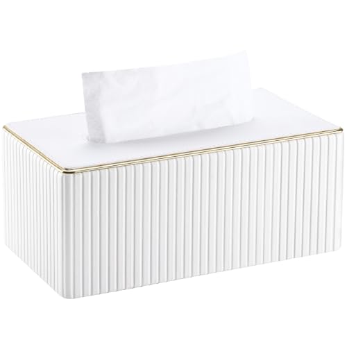 KINGFOM Boîte à Mouchoir Rectangulaire avec Bord Doré - Cuir Boite Mouchoirs pour Salon, Salle de Bain et Bureau, Blanc